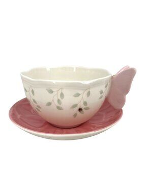 Lenox Butterfly Meadow Pink Butterfly Cup Saucer Set Porcelain Floral Bee Design